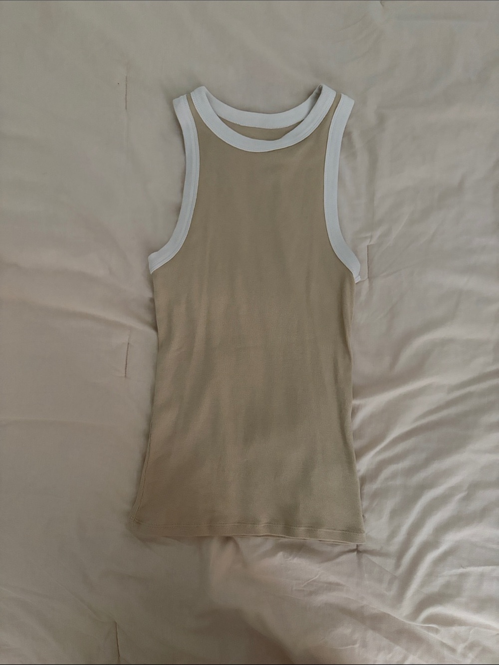 a new day Beige Tank Top with White Trim